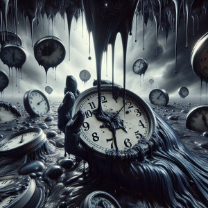 "melting clocks float in the sky, dripping ferrofluid from their...