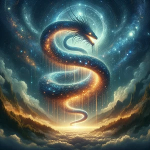 An enormous celestial serpent coils endlessly in the night sky,...