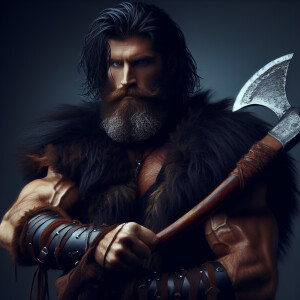 black-haired Viking barbarian with an ax with an icy blade
dress...