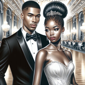 A light skin African American couple at a fancy ballroom event....