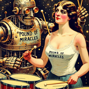 Weird robot playing drums to a beautiful 29-year-old brunette wo...