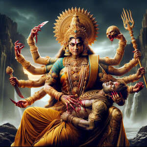 portrait of angry looking, four-armed indian goddess  sitting on a gold crown and carrying a weak mahishasur on her lap and poking his abdomen with her amazingly long red fingernails . She is wearing gold armor, a huge gold crown, gold saree, abundant  gold jewelry, covered in blood. The scene is set in ancient India. The image is 8K resolution, cinematic, photography, ultra detailed face and epic.