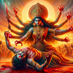 Portrait of angry and gorgeous goddess durga slaying mahishasur by carrying him like a baby and stabbing him with her red long nails.  Goddess Durga should have eight arms. she should wear Gold jewelry all over the body. Mahishasur should have wounds all over his body. mahishasur should be smaller in size compared to Goddess durga. Background is an intense battlefield. reddish hue everywhere and sunset in the background.  Epic scene. 4k, HDR. Photography