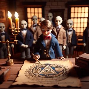 A young stop-motion figure, a freshman in a miniature navy blazer, hesitates as he holds a tiny handcrafted pen over an aged parchment with ornate fraternity symbols. The dimly lit fraternity house is full of small-scale antique furniture, glowing candle sconces, and eerie, exaggerated shadows. Around him, taller stop-motion figures in suits and featureless white masks loom, watching silently. The texture of the wooden table looks rough and real, like aged dollhouse furniture. The scene is illuminated by a single warm desk lamp, casting unsettling long shadows on the walls.