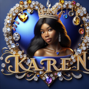 Craft a 3-D image showcasing the name 'KAREN' in a luxurious gol...