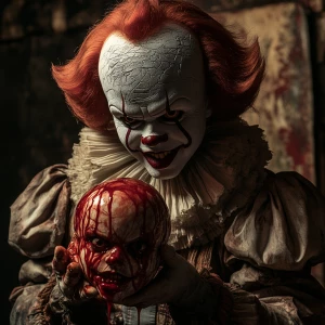 Sinister clown that strongly resembles pennywise is holding a li...