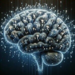 A realistic image of brain power with a thousand questions in th...