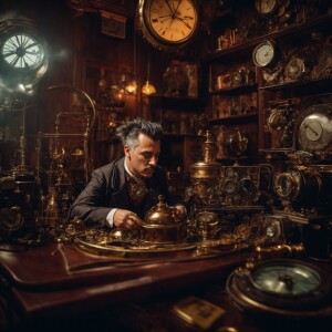 Drugged up man steampunk out his mind speeding tinkering with a...