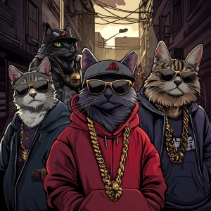 A group of cool gangster cats in an urban environment, wearing s...