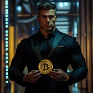 ultra-muscular man in a sleek black suit holding a golden bitcoi...