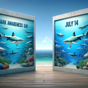 “Shark Awareness Day” spelled correctly on a banner; “July 14” s...