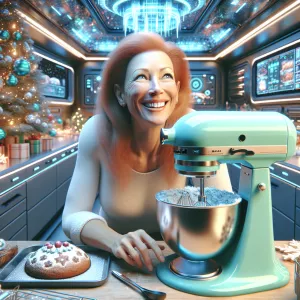 Create a photorealistic fun Christmas sci-fi image of a futurist...
