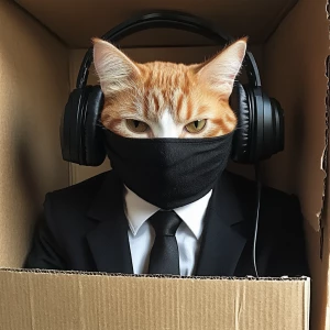 Generate an image of an orange and white cat wearing a black bal...