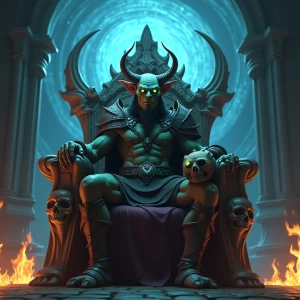 goblin warrior sitting on a throne, with a creature by his side....
