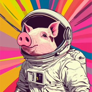 Cute cartoon pig in vintage white spacesuit and NASA style helme...