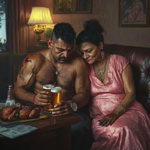 Photorealism,fantasy,a muscular criminal man sitting drinking...