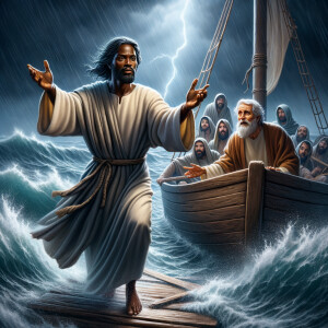 African-American Jesus telling Peter to come walk on the water,...