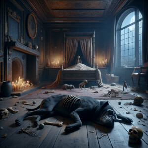 Old room filled with darkness, old skinny black bulldog lies on...