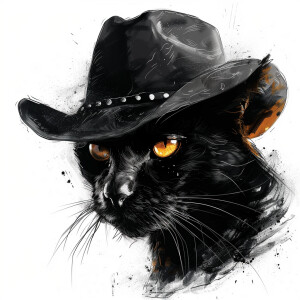 Sketch the silhouette of a cat with piercing yellow eyes and a s...