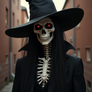 the vampire witch with hat and skeleton looking, in the style of...