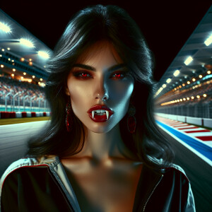Beautiful Hispanic female vampire race car driver, fangs slightl...