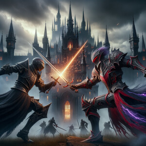 Black knight sword fighting a red and purple knight in front of...