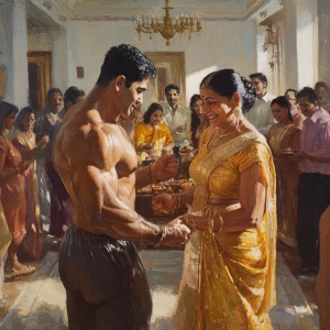 A realism-style  depicting a muscular, sweat-glistened man jubil...