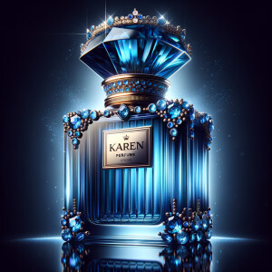 A digital illustration of a luxurious perfume bottle with a tall, faceted cap designed to mimic a deep blue gemstone, giving a sapphire-like appearance. The bottle, displaying a vivid blue color with light refraction effects, suggests the high clarity of glass. It rests on a reflective surface, hinting at the elegance of the product. A golden crown, ornately decorated with sparkling diamonds and inset with sapphire-blue gemstones, encircles the bottle's neck, adding to its opulence. The name 'KAREN' is featured in a prominent, sophisticated script on the front of the bottle, standing out against the deep blue background. The overall image conveys a sense of luxury and high fashion.