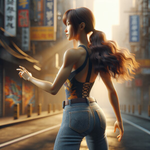 Athletic Thin skinny Attractive, Asian teenage girl, long brown hair and bangs, wearing tight skinny jeans and a halter top paint marks on her clothing, heroic pose Asian graffiti background, backside view