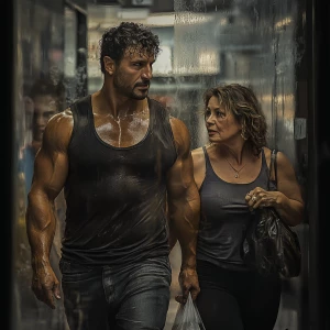 Realism photograph style.A muscular, sweaty man walking with his...