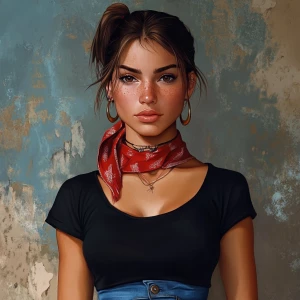 girl with brown hair, thick eyebrows, pumped up lips, potato nos...