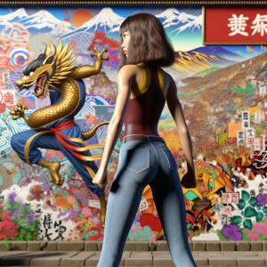 Athletic Thin skinny Attractive, Asian teenage girl, long brown hair and bangs, wearing tight skinny jeans and a halter top paint marks on her clothing, heroic pose Asian graffiti background, backside view