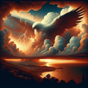 A great eagle-shaped cloud in the evening, blotting out the suns...