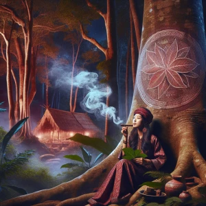 "In the heart of an enchanting forest glade, a mysterious witch reclines against an ancient tree, drawing fragrant, swirling smoke from a herbal cigar. The night air is calm, and the moonlight casts a gentle crimson glow around her, illuminating her serene expression. Behind her, the backdrop features a stylized illustration of a five-lobed plant leaf, crafted with delicate artistry. The scene balances a sense of mystical tranquility with the natural beauty of her woodland sanctuary."