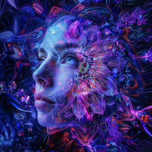 A digital art head on portrait of a woman against a detailed man...