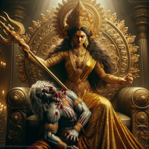 portrait of angry looking goddess durga sitting on a gold crown and carrying a weak mahishasur on her lap and stabbing him with her amazingly designed trident. She is wearing gold armor, a huge gold crown, gold saree, abundant  gold jewelry, covered in blood. The scene is set in ancient India. The image is 8K resolution, cinematic, ultra detailed face and epic.