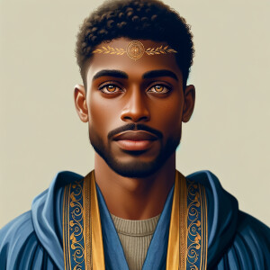 Create handsome African-American, Jesus, with Hazel Brown eyes wearing a blue and gold robe