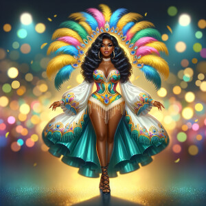 Create a 3-D  vivid full-body view of a colorful glossy hyper-realistic oil painting of a detailed illustration full length photo single image of a beautiful African-American caramel skinned woman plus sized, with long, black, wavy hair, her make up is airbrushed and flawless, she is dressed in a white, teal and yellow large, elaborate, elegant, very detailed carnival costume with colorful African-American pink, blue, gold yellow green feathers, flawless makeup, prominent lashes, black peep toe heels, white pixie hair, background bokeh, she is stunning and smiling, digital art.