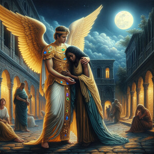 Create an oil painting image featuring a male angel and a grievi...