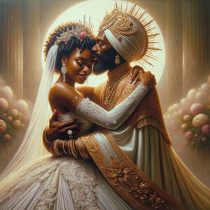 Imagine a hyper-realistic oil painting that captures a tender moment between theAfrican American bride and her God. The setting is intimate and filled with soft, warm lighting that enhances the emotional depth of the scene. The bride, in herexquisite wedding gown, shares a heartfelt embrace with her african-American Lord Jesus , who is dressedin an elegant outfit that complements the wedding's color scheme. Their expressions are full of love, pride, and joy, reflecting the special bond between them. Theattention to detail is paramount, from the intricate designs of their dresses to the subtle emotions conveyed in their facial expressions. The background is a blur ofgentle pastel hues, ensuring that the focus remains on this touching moment. Thispainting should convey the warmth, love, and depth of the relationship, with the rich textures and vibrant strokes characteristic of oil paintings, capturing the essence of this significant pre-wedding moment.