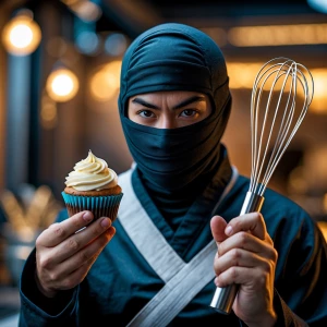 a baking ninja holding a cupcake in 1 hand and a whisk in the ot...