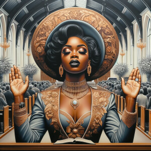 Render an airbrush oil painting of an African American woman with flawless makeup
kneeling at a church altar, her hands raised in a gesture of surrender to God. She's
dressed in stylish Sunday Best attire, with a particular focus on the delicate details of
her Church Hat. The background features a beautifully painted church interior, with the
oil paint texture enhancing the sacred atmosphere. The artwork should capture the
woman's devout expression, the elegance of her attire, and the spiritual ambiance of
the church setting, reflecting a moment of deep faith and devotion.