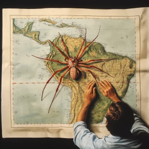 A good-looking sound arachnologist looking at a map of South Ame...