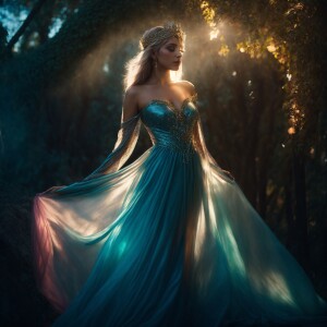 Elven princess in see through silk gown under direct bright ligh...