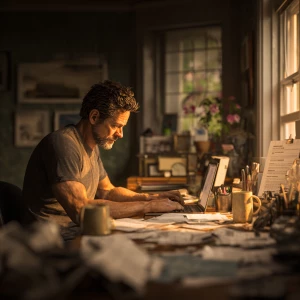 Create a realistic 3D image of a man seated at a desk, concentra...