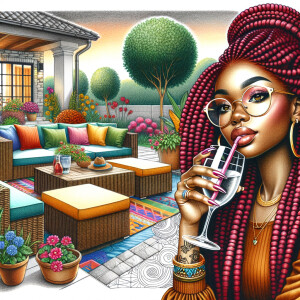 Grisaille art: Patio landscape, A beautiful African American wom...