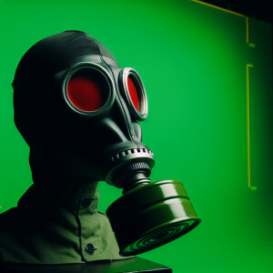 A singular gas mask with red eyes with a greenscreen behind it