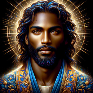 Create handsome African-American, Jesus, with Hazel Brown eyes wearing a blue and gold robe