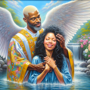 An oil painting depicting a light-skinned African-American pasto...