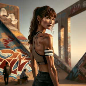 Athletic Thin skinny Attractive, Asian teenage girl, long brown hair and bangs, wearing tight skinny jeans and a halter top paint marks on her clothing, heroic pose Asian graffiti background, backside view